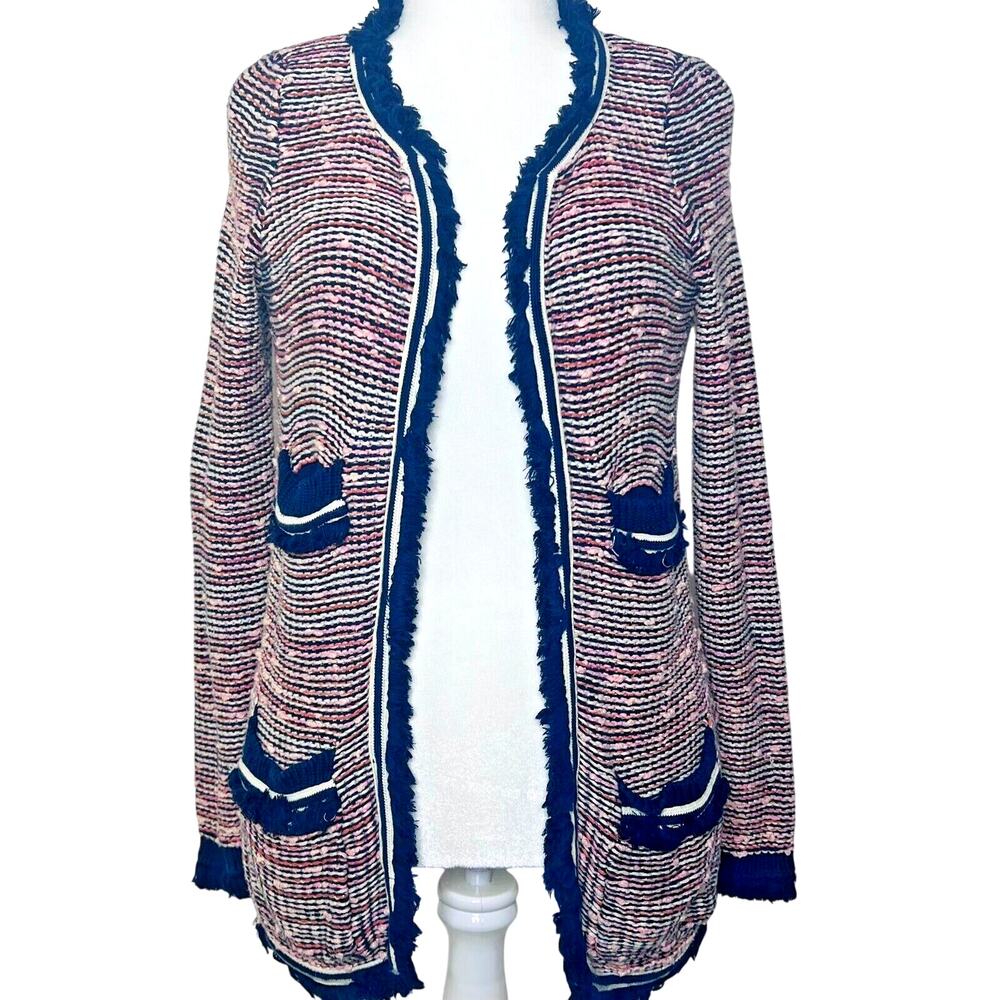 Anthropologie Moth Women's Cardigan Medium Tweed Knit Fringe Pocket Sweater Pink